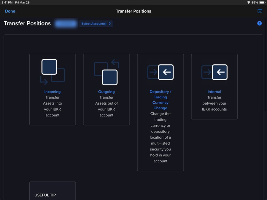 The transfer positions page on the iPad